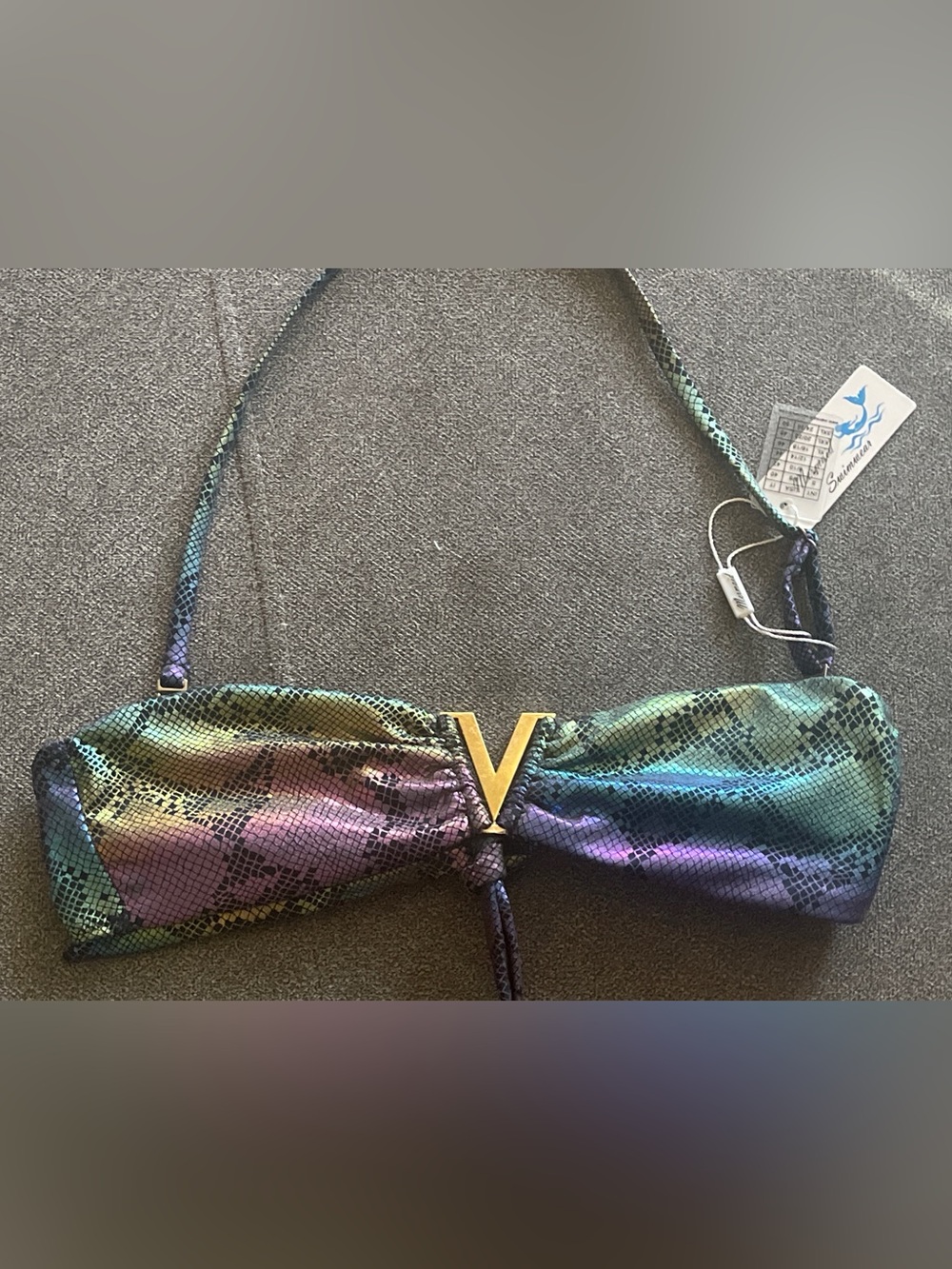 Iridescent Snake-Print Bikini Top with Gold V Accent